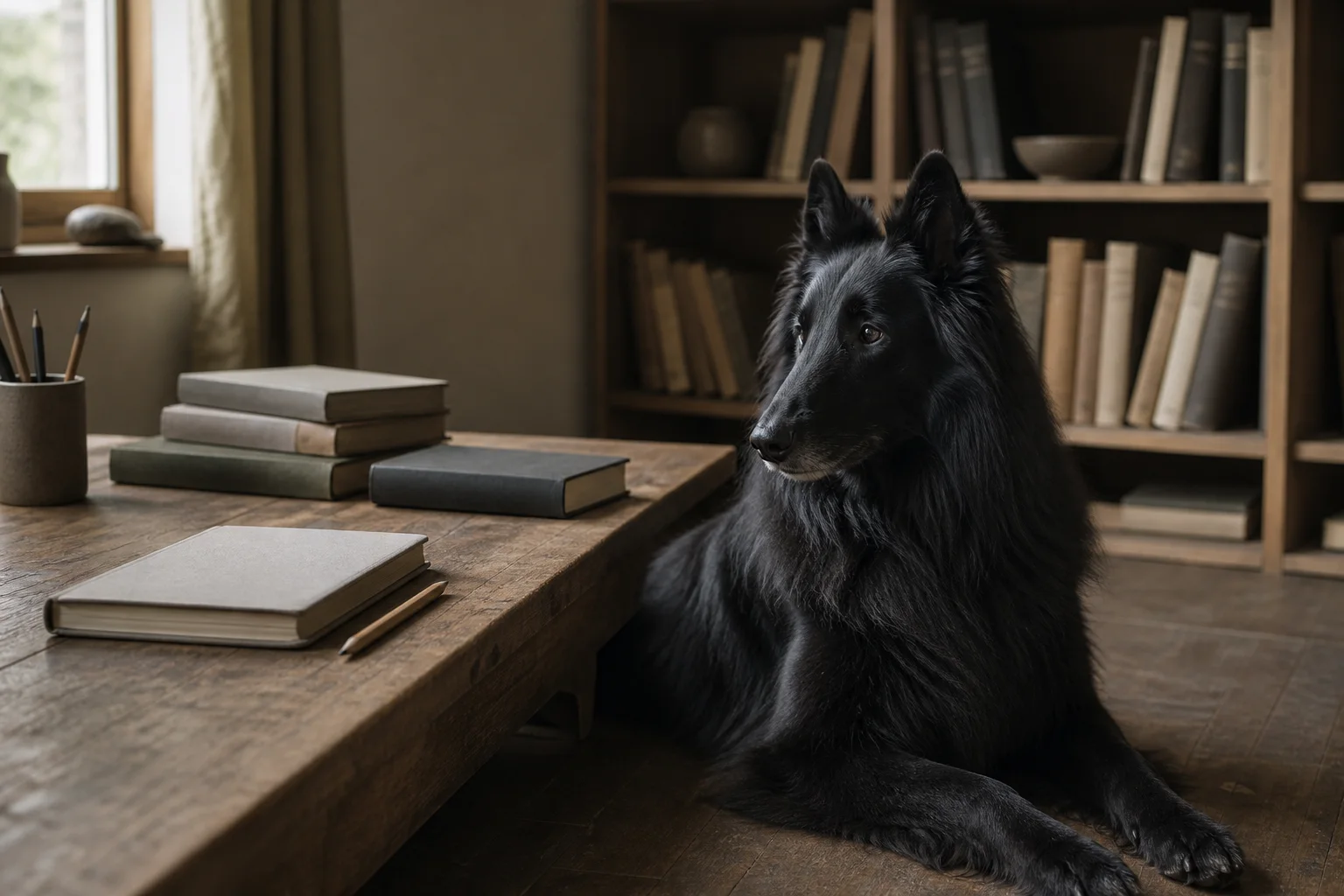 Berger Belge Groenendael près d'un bureau et de livres de référence sans marque