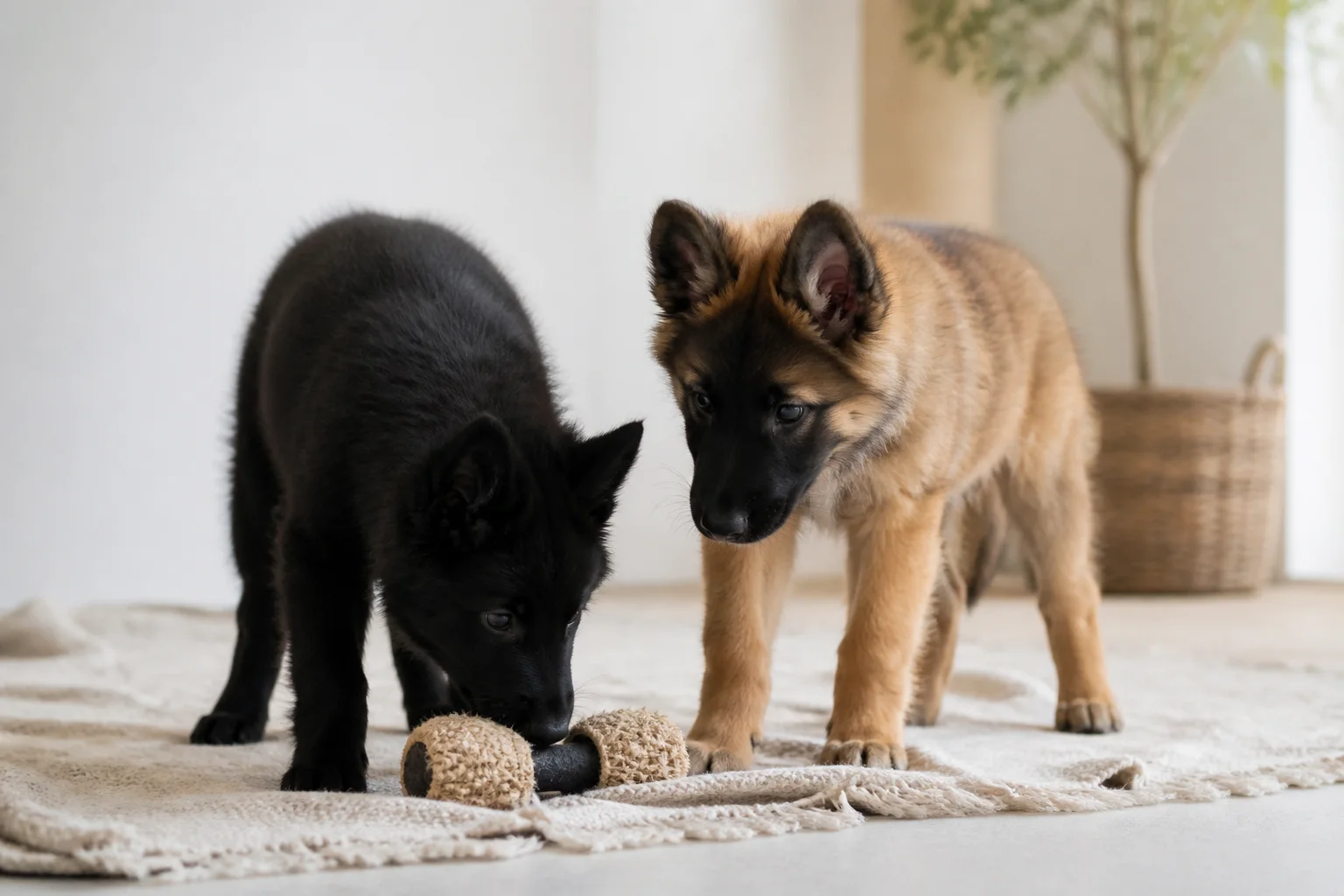 Deux chiots Bergers Belges, noir et fauve masqué, explorant calmement un jouet