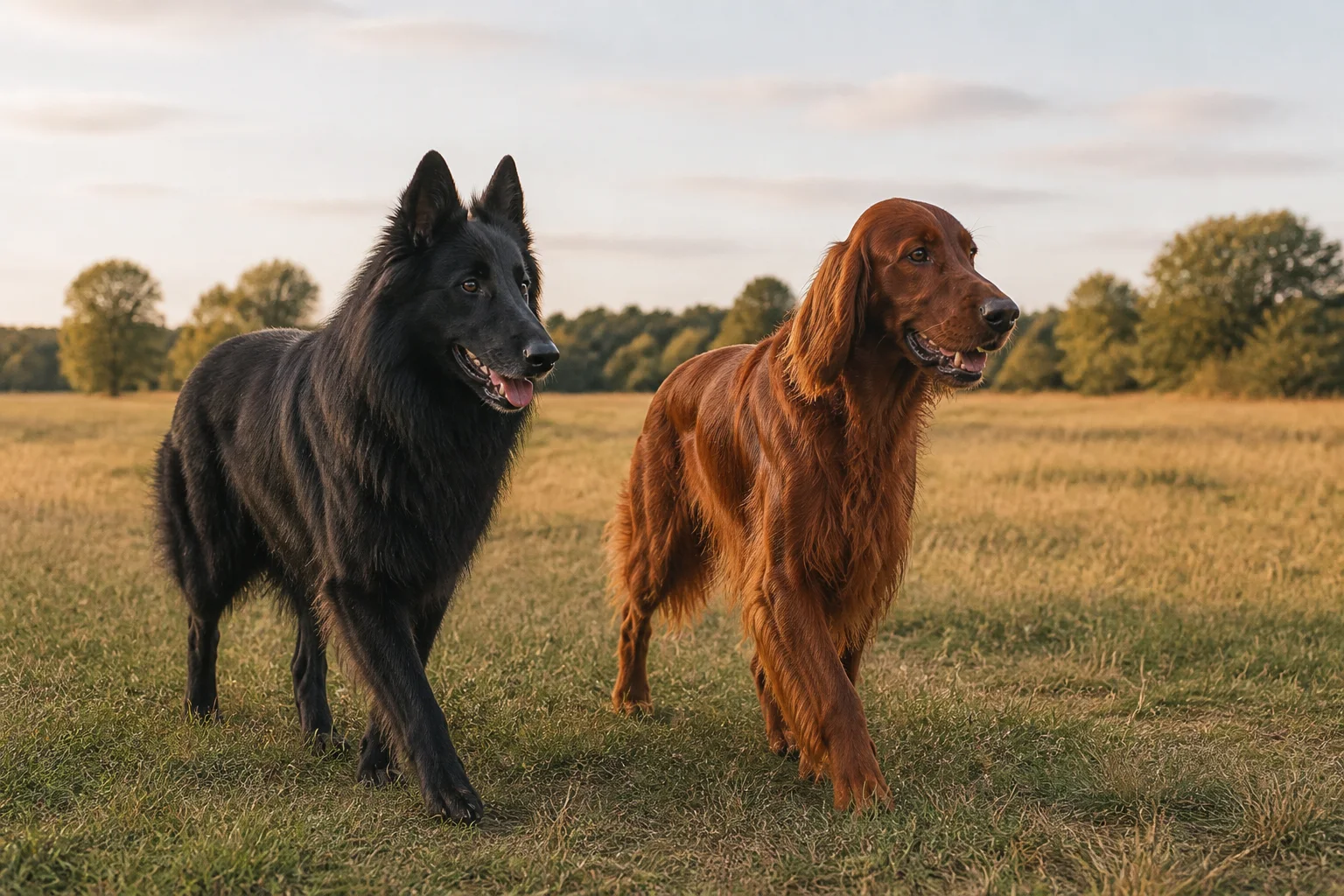 Groenendael noir et Setter irlandais roux marchant dans une prairie