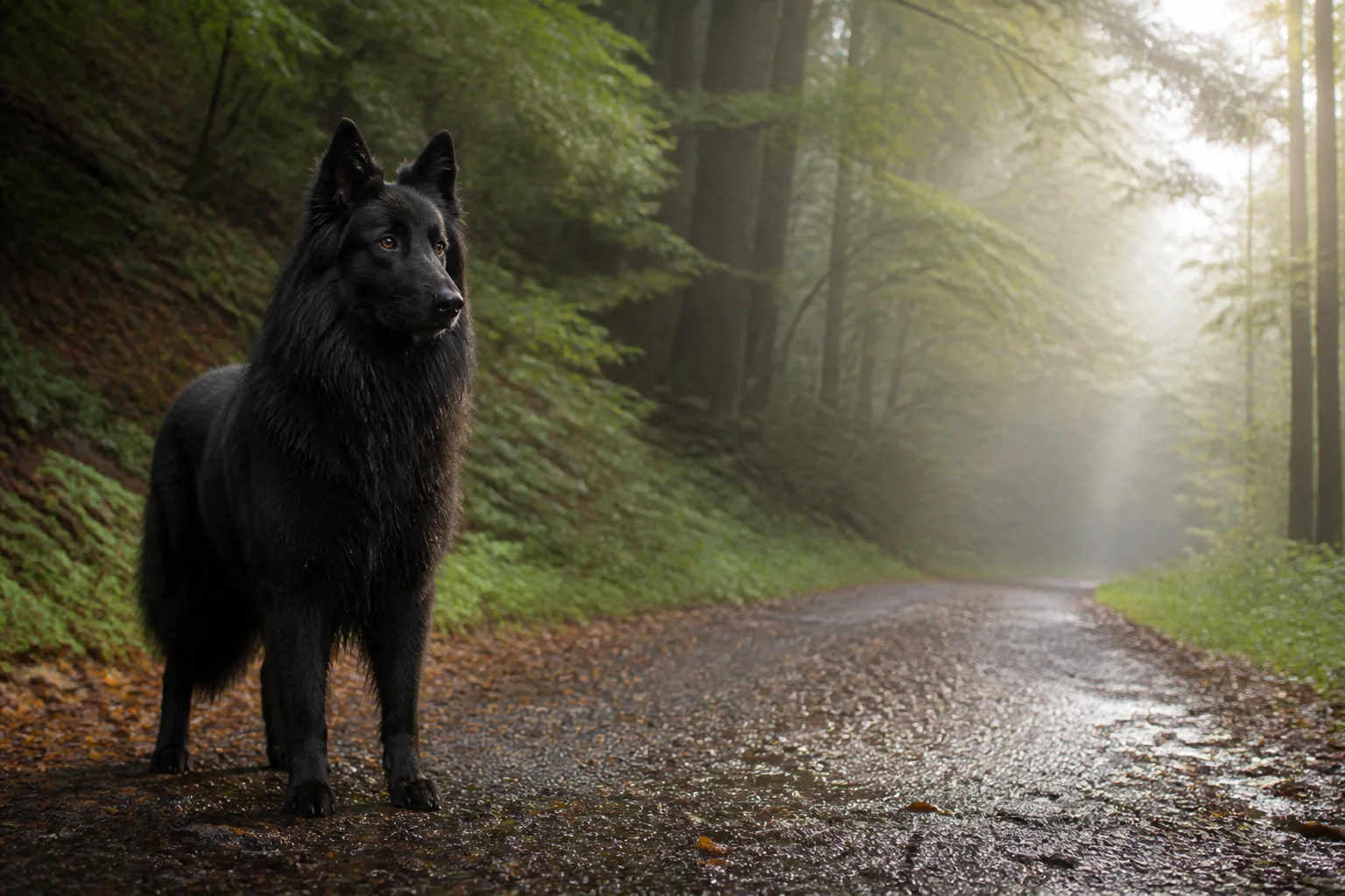 Berger Belge Groenendael adulte sur un chemin forestier après la pluie