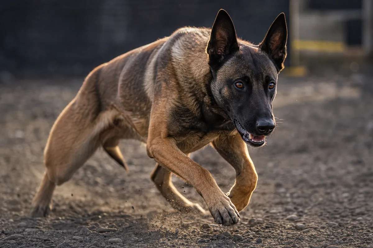 Berger Belge Malinois en pleine course, oreilles dressées, regard intense
