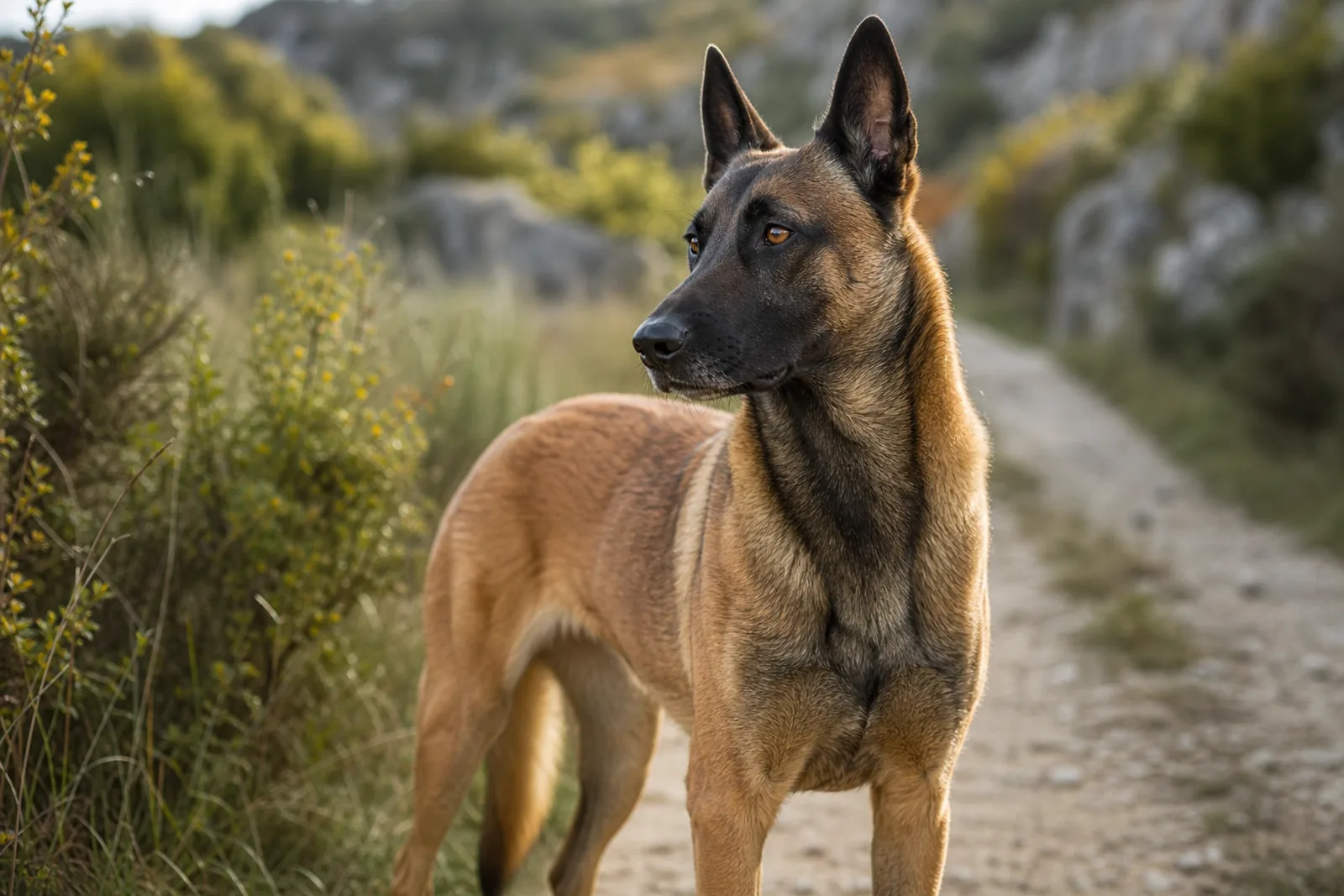 Illustration d'un Berger Belge Malinois au poil court fauve charbonné
