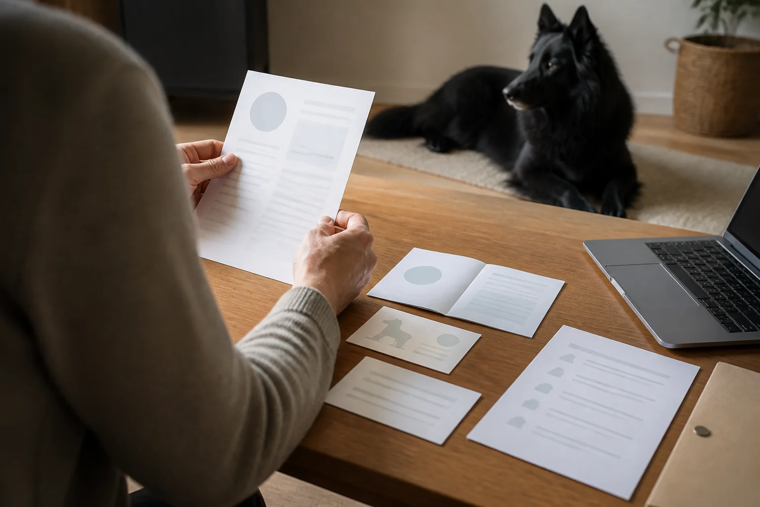 Personne vérifiant des documents génériques avec un Groenendael en arrière-plan
